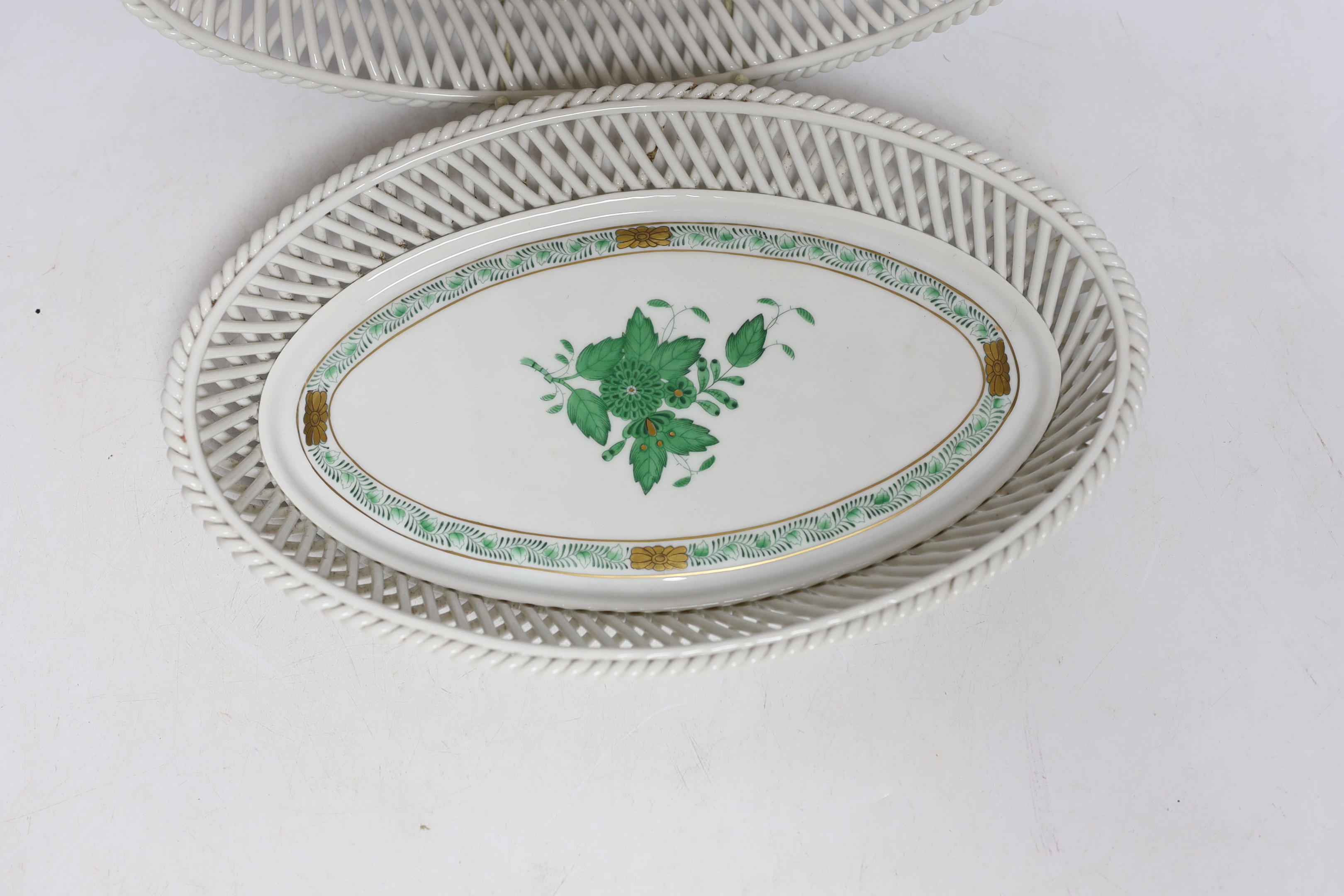 Two Herend oval porcelain basket dishes, 26.5cm